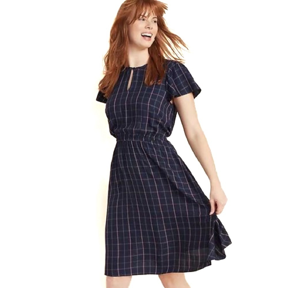 Old Navy Blue Plaid Waist-Defined Flutter-Sleeve Dress Women’s Size Large EUC